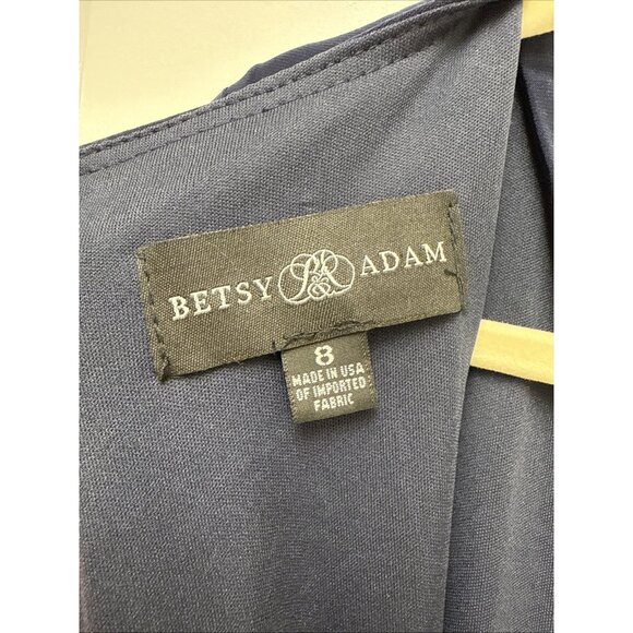 BETSY & ADAM Elle Long Sleeve Side Ruffled Split Gown Size 8 Navy Evening Formal - Picture 7 of 10